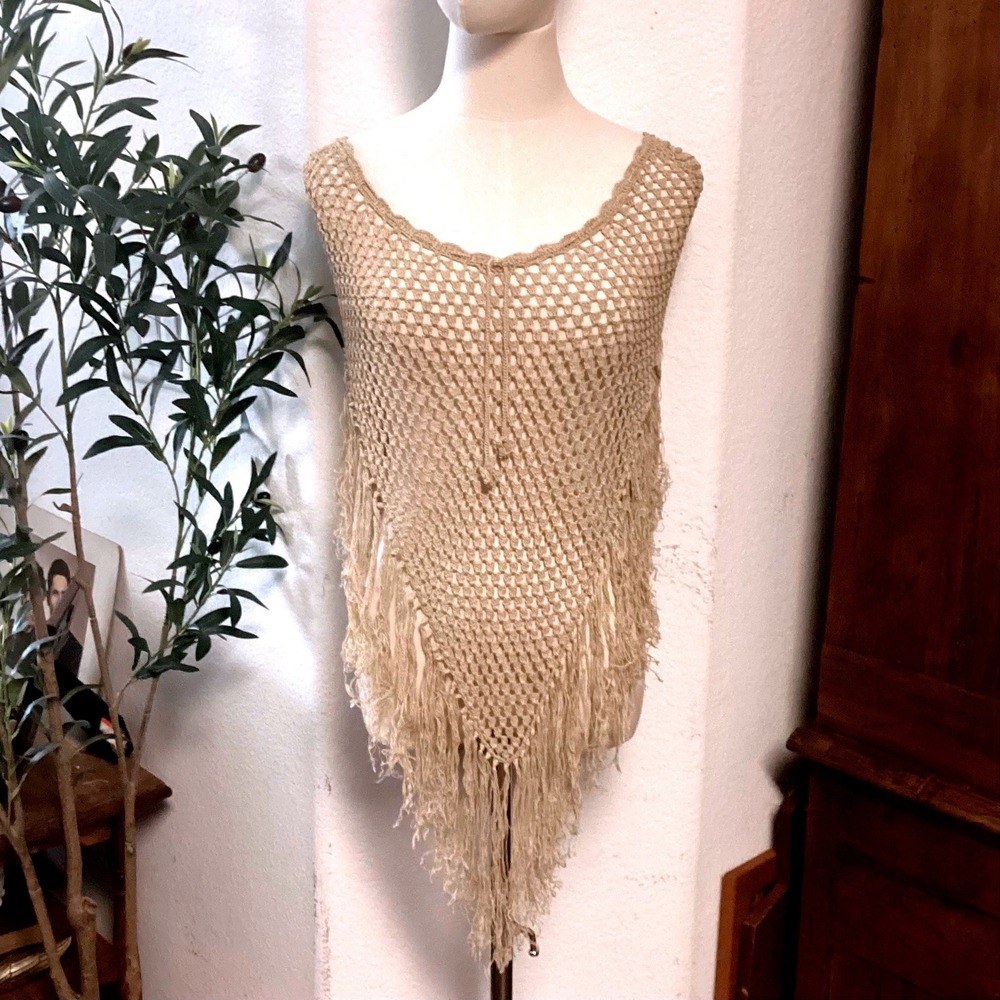 Tan Fringe Open Knit Poncho Top or Skirt Boho Festival Beach Coverup Medium